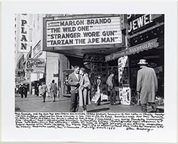 Allen Ginsberg, Neal Cassady and Natalie Jackson underneath movie marquee